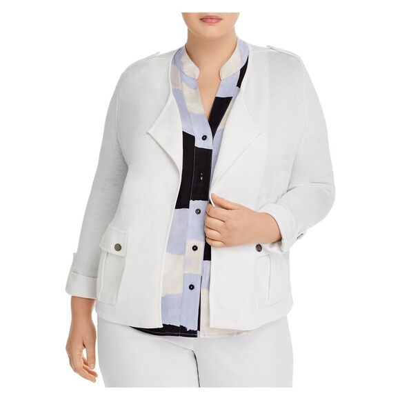 NIC+ZOE Womens White Knit Button Roll-tab Sleeve Open Front Jacket Plus 3X
